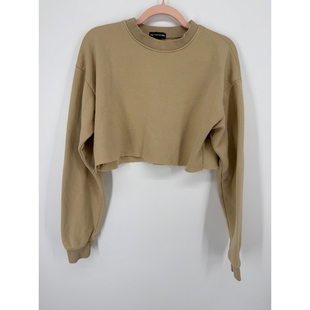 PrettyLittleThing Cropped Sweatshirt Womens XS Tan Raw Hem Long Sleeve Fleece